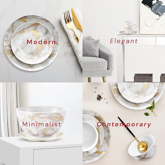 Safdie &amp Co 16-Piece Modern Premium Porcelain Ceramic Dinner Set Lightweight Designed Stackable in Gold Marble/Gray Finish