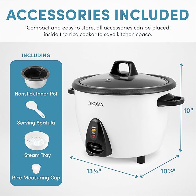 AROMA Rice Cooker 10-Cup (Uncooked) / 20-Cup (Cooked) Steamer Auto Keep Warm Soup Maker Oatmeal Cooker Large Rice Cooker 5 Qt White ARC-360-NGP