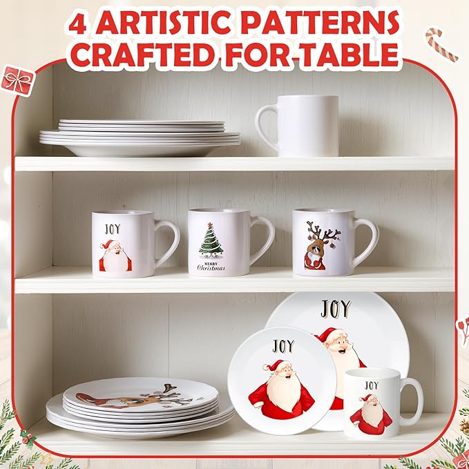12 Piece Christmas Melamine Dinnerware Set for 4 Guest 10 Dinner Plates 8 Salad Plates 9 oz Mug Shatterproof Xmas Dishes Gift for Home Party Festive Holiday Celebrations