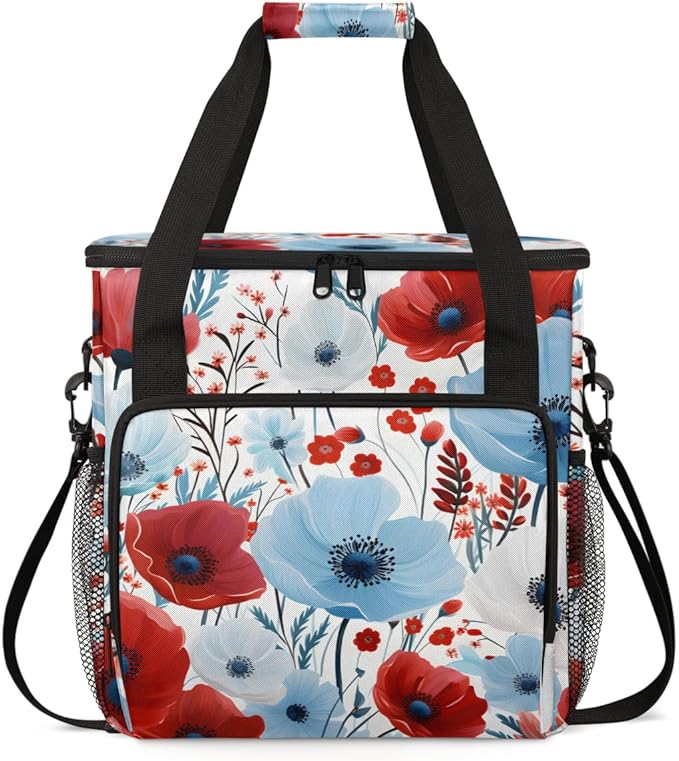 RED BLUE FLOWER Coffee Maker Carrying Bag Portable Travel Storage Tote Bag Compatible with K-Mini or K-Mini Plus Single Serve Coffee Brewer Carrying Case with Multiple Pockets &amp Shoulder Strap