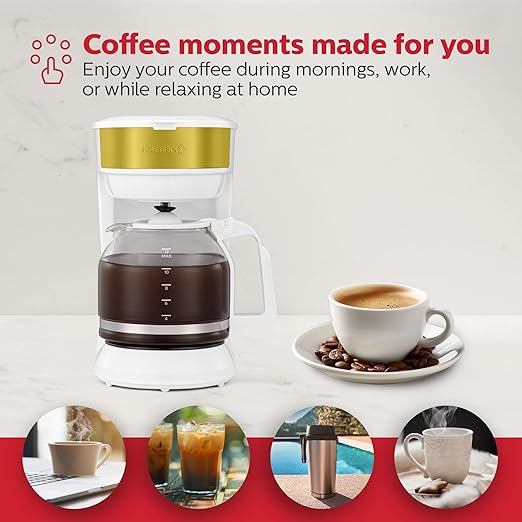 Holstein Housewares 12-Cup Coffee Maker 61oz Drip Coffee Machine with Glass Carafe Auto Pause &amp Serve Compact Design – Ideal for Home Office &amp Travel Coffee Brewing White and Gold