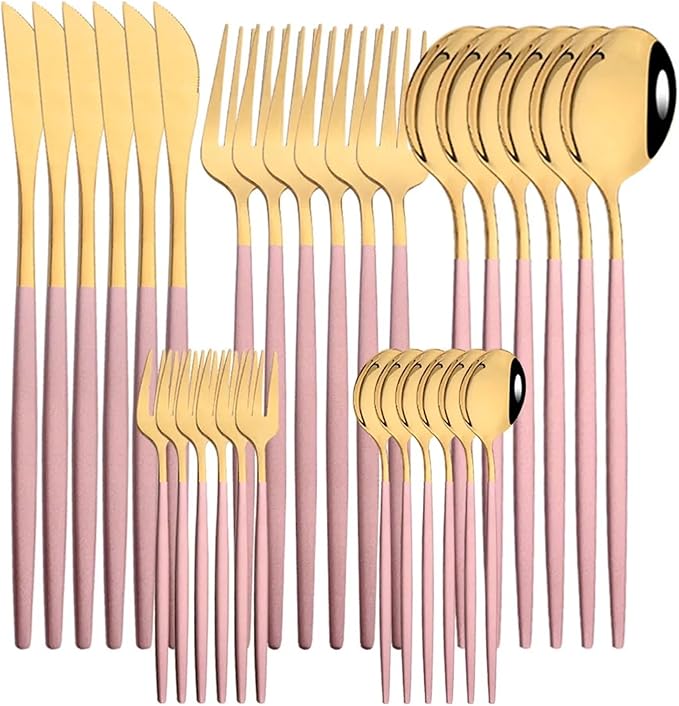 pureza 30Pcs Stainless Steel Black Gold Dinnerware Set - Cutlery Set For Kitchen &amp Dining Table(Pink Gold)