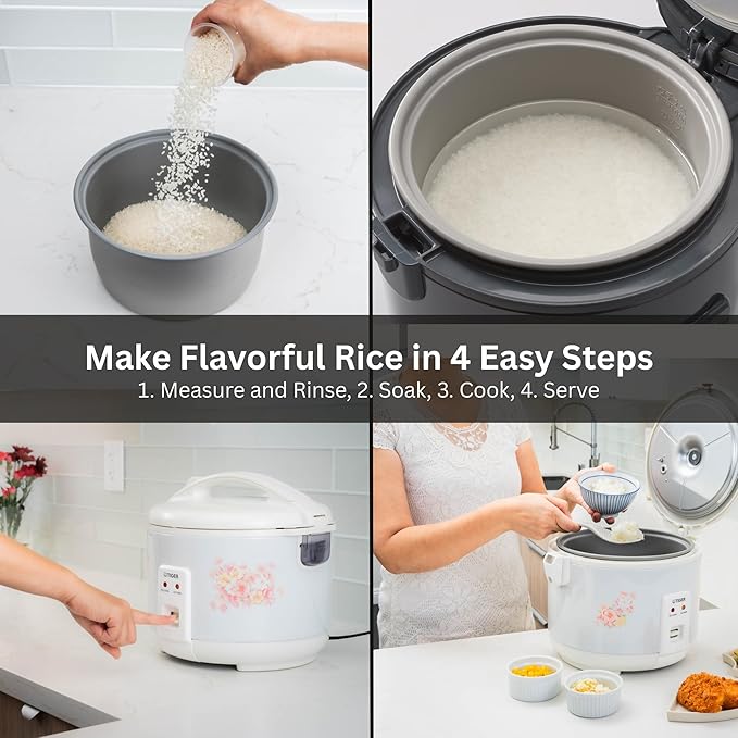 Tiger JNP-1000-LF 5.5 Cup Capacity White Rice Cooker with Non-Stick Inner Pot Retractable Power Cord and Keep Warm up to 12 hours (Flower)