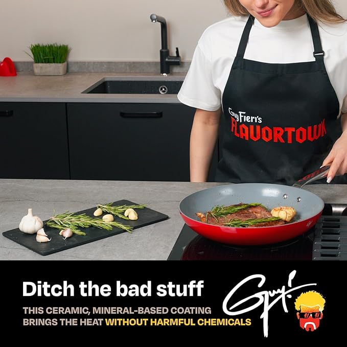 Guy Fieri's Flavortown 2-Piece Ceramic Cookware Set Nonstick Frying Pan Set 10 and 12 Kitchen Cookware Made without PFAS PTFE PFOA Oven and Dishwasher Safe Easy to Clean Everyday Cookware Red
