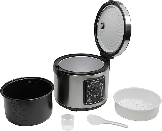 West Bend Rice &amp Grain Multi Cooker Programmable with 9 Preset Functions Features Delay Start and Keep Warm Functions and Steam Basket 20 Cups Cooked (10 cups uncooked) Stainless Steel