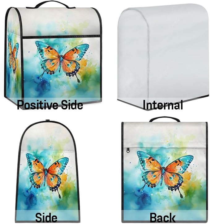 Kitchen Aid Mixer Cover Watercolor Butterfly Animal Stand Mixer Cover Compatible with 6-8 Quarts Stand Mixers Dust Covers with Zipper Pocket Foldable Washable Kitchen Aid Organizer Bag
