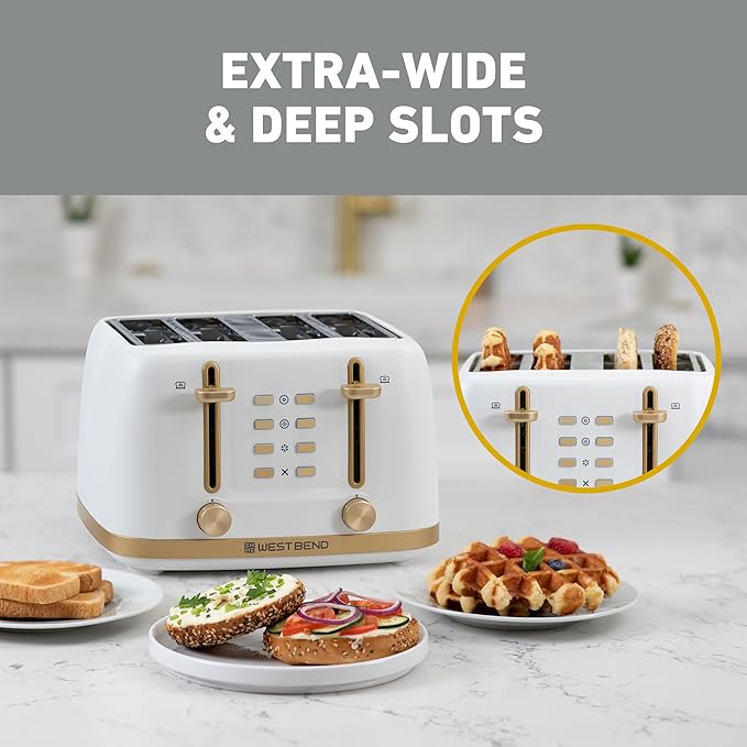 West Bend Timeless 4-Slice Toaster with 7 Browning Levels Bagel/Waffle/Defrost Settings High-Lift Lever Anti-Jam Easy-Clean Crumb Tray 4-Slice White/Gold