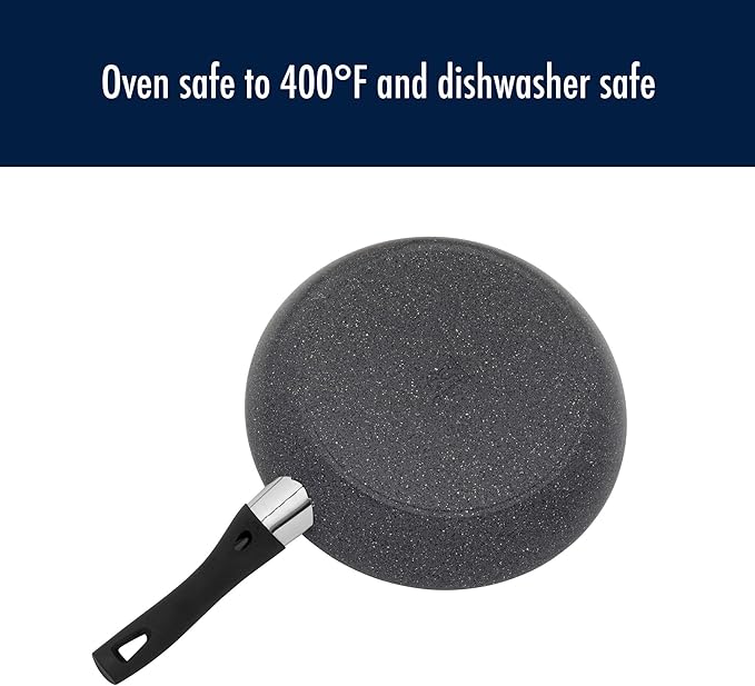 Henckels Everlift Granite 10-Piece Nonstick cookware set Made in Italy durable 3-layer granite-hued nonstick coating from recycled materials Oven safe to 400°F Dishwasher safe