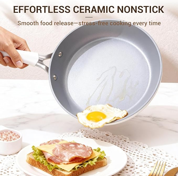 Ammeloo 15-Piece Ribbed Ceramic Cookware Set Pots and Pans Set Non Stick Induction Ready Healthy Non Toxic Kitchen Cooking Set PFAS/PFOA/PTFE-Free Silicone-wrapped Stay-Cool Handle