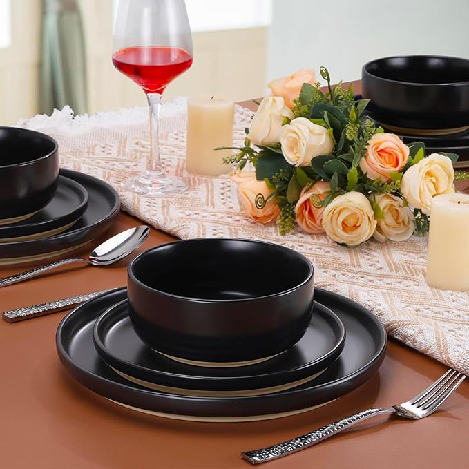 LIANYU 18PCS Dinnerware Plates and Bowls Sets Ceramic Dishes Set for 6 Stoneware Dinner Dessert Salad Plates Cereal Bowls Scratch Resistant Dishware Microwavable &amp Dishwasher Safe Matte Black