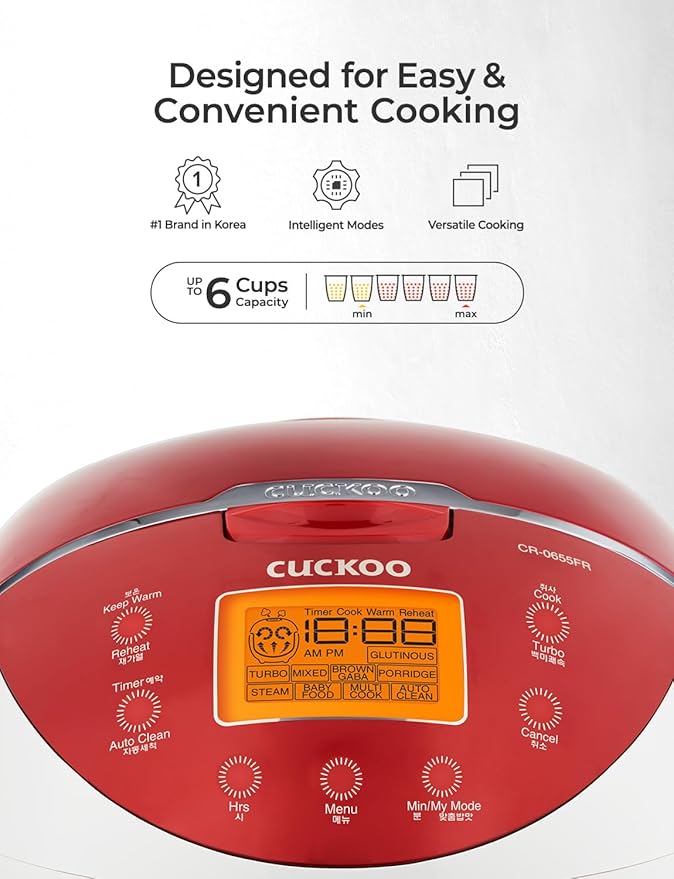 CUCKOO Micom Rice Cooker 6 Cup Uncooked / 12 Cup Cooked Fuzzy Logic Rice Maker with Delay Timer &amp Keep Warm Setting Versatile Food Steamer for Cooking Non-Stick Inner Pot Red (CR-0655F)