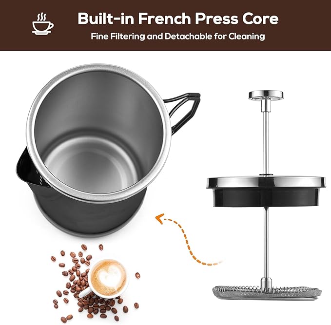 French Press Coffee Maker 33oz Stainless Steel French Press Coffee Tea Maker Insulated Large Capacity Tea Presses with Foldable Handle for Home Kitchen Caming Loose Tea (Black)