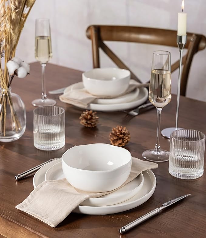 TheTerra Ceramic Dinnerware Sets Handmade Reactive Glaze Plates and Bowls Set Scratch Resistant Dish Set Oven &amp Microwave &amp Dishwasher Safe Bright White
