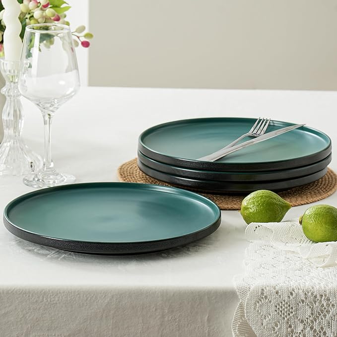 Ceramic Dinner Plates 10.25 Inch Flat Dish Set for 4 Perfect for Family and Entertaining Microwave &amp Dishwasher Safe Dinner Dishes for Steak Sandwiches Pizza Pasta Modern Green
