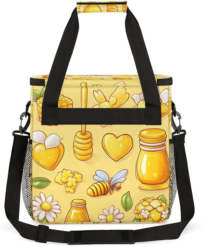 Yellow Coffee Maker Travel Bag Honeycomb Bee Insulated Grocery Bag Travel Picnic Leakproof Cooler Bags With Shoulder Strap