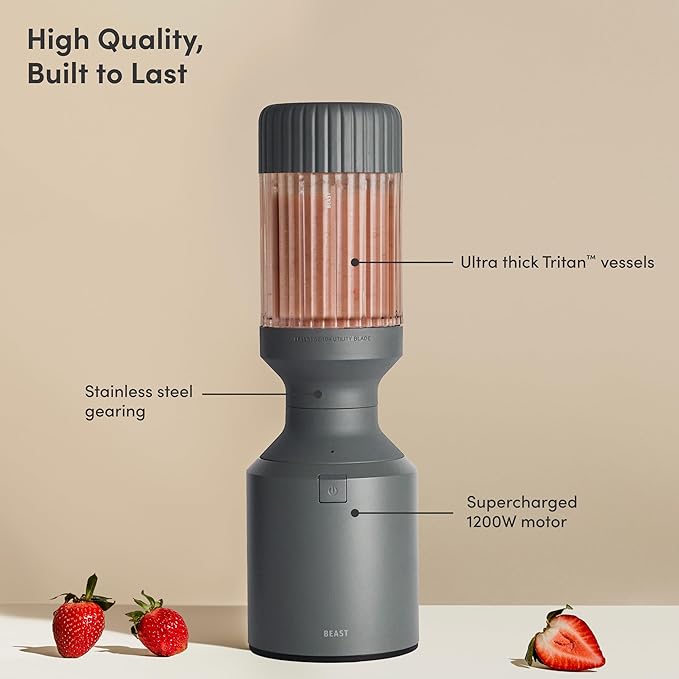 Beast Mega 1200 | Premium Countertop Blender | Smoothies Shakes Sauces Dips Soups | Blends Ice and Frozen Fruit | Includes Extra Lids and Straw System | 1200W | (Charcoal 120V)