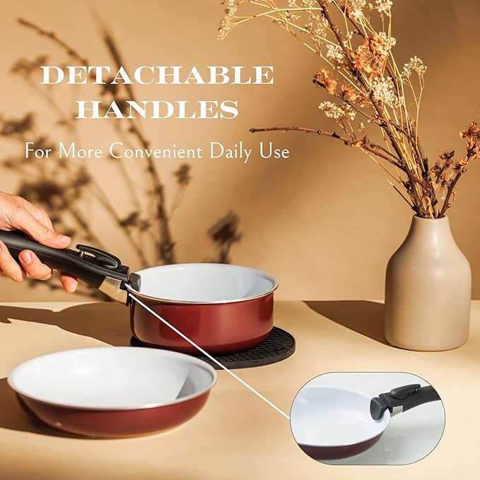Moss &amp Stone Aluminum Pots And Pans Set Nonstick Removable Handle Cookware Stackable Pots And Pans Set Dishwasher safe Induction Pots And Pans Camping Cookware Set (5 Pcs Burgandy)