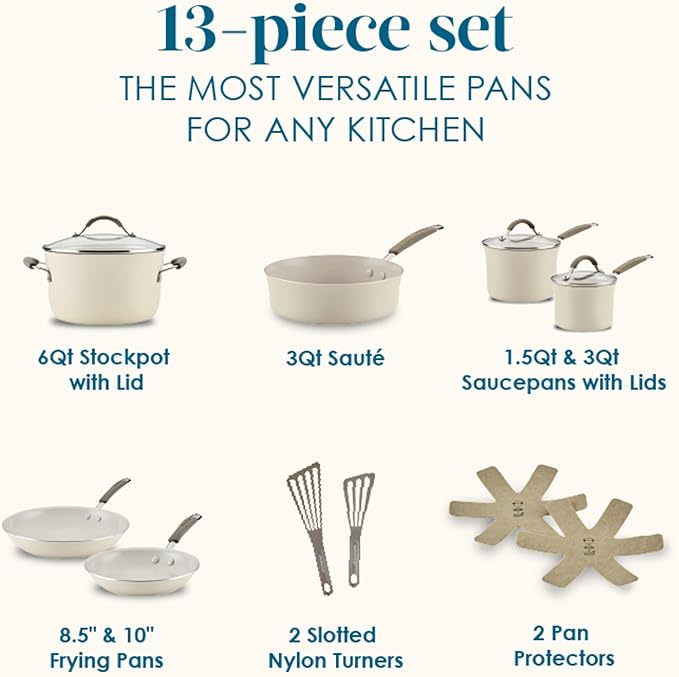 Rachael Ray Cucina Ceramic Cookware Set - 13 Pieces - Ceramic Pots and Pans Set w/Nonstick Frying Pans Saute Pan Saucepans Stockpot Lids Pan Protectors &amp Cooking Utensils - Almond