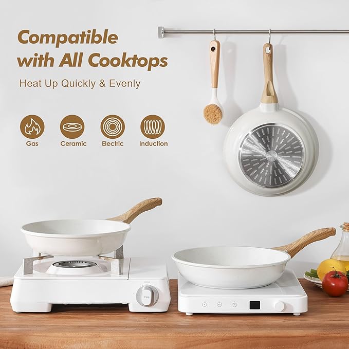 SENSARTE Nonstick Frying Pan Skillets White Ceramic Coating Omelette Pans Healthy Cookware Chef's Pan PTFE &amp PFAS Free (9.5+11 Inch)