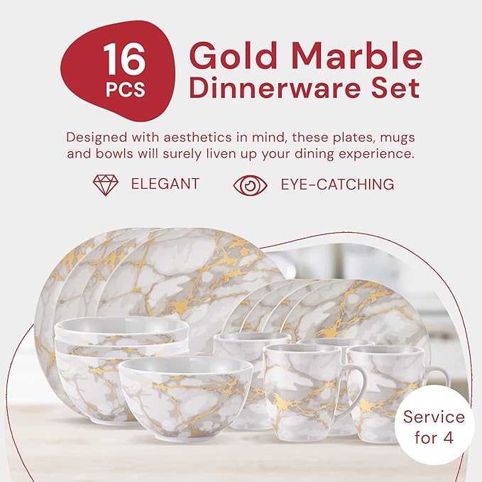 Safdie &amp Co 16-Piece Modern Premium Porcelain Ceramic Dinner Set Lightweight Designed Stackable in Gold Marble/Gray Finish