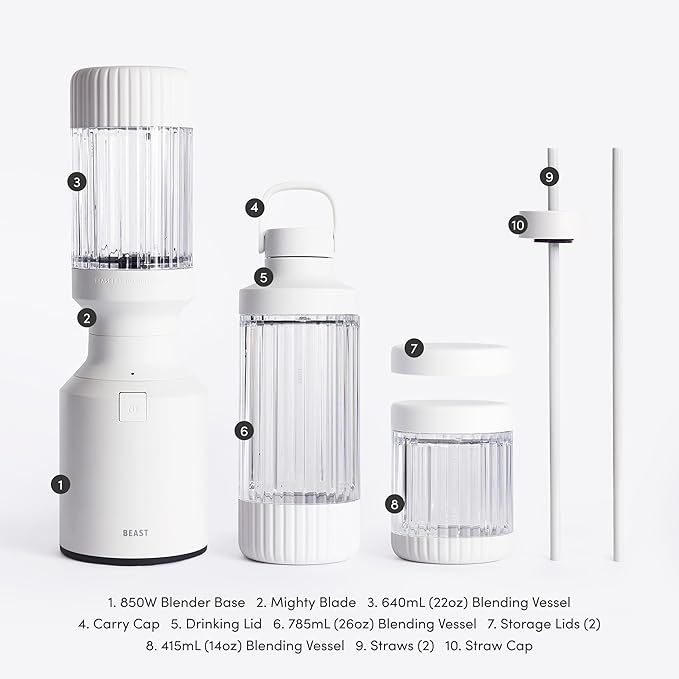 Beast Mighty 850 Plus | Premium Compact Personal Blender | Smoothies Shakes Dressings Sauces | Blends Ice and Frozen Fruit | New XL Vessel | Extra Vessels Lids and Straws | 850W (Cloud White)