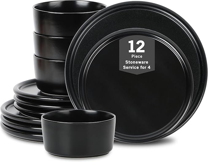 Stone Lain Eden 12-Piece Dinnerware Set Stoneware Plates and Bowls Set Dishwasher and Microwave Safe Dish Dish Set for 4 Black