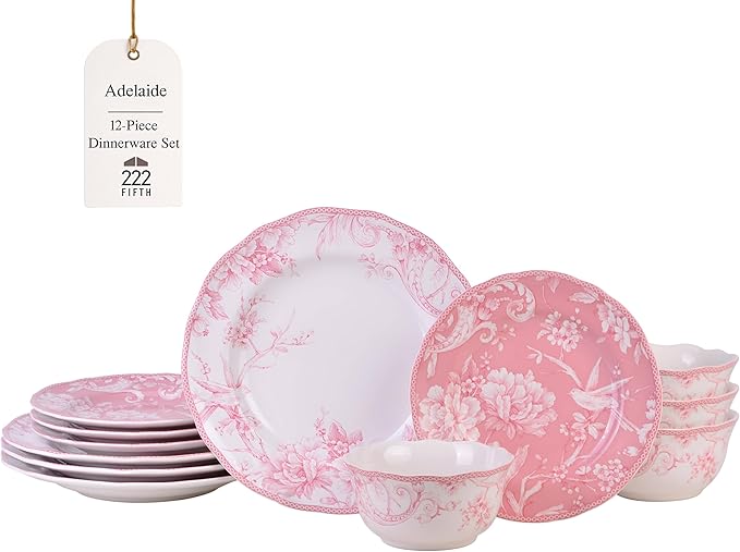 222 Fifth Adelaide Blush 12-Piece Pink Porcelain Dinnerware Set – Service for 4 Big Dinner Plates and Bowls Sets White with Pink Floral Pattern for Daily Entertainment Microwave &amp Dishwasher S