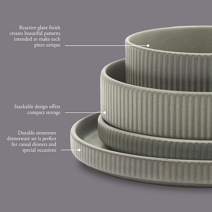 Gibson Elite Deerfield 16-Piece Stoneware Dinnerware Set – Soft Grey Reactive Glaze Stackable Plates and Bowls Service for 4 – Microwave &amp Dishwasher Safe
