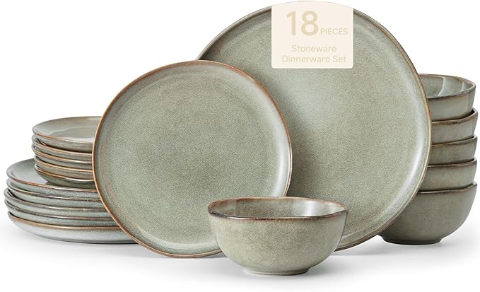 KINGSTONE Stoneware Dinnerware Sets 18-Piece Reactive Glaze Porcelain Plates and Bowls Sets for 6 Handcrafted Rustic Ceramic Dishes Set Highly Scratch Resistant Dishwasher &amp Microwave Safe Gr