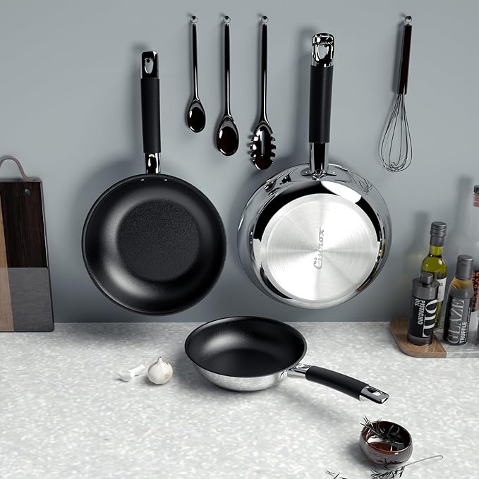 Non Stick Frying Pans Stainless Steel Kitchen Nonstick Cookware Set of 3 10” 11.5” 5” Pan Compatible with All Stoves