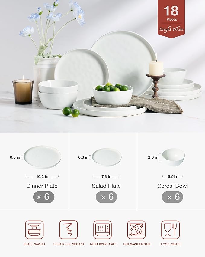 Famiware Mars Plates and Bowls Set 18 Pieces Dinnerware Sets Dishes Set for 6 White