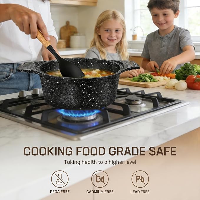 16PCS Cookware Set - Home Nonstick Stock Pot with Glass Lid Pots and Pans Set Cooking Pots Set Cast Aluminum Stay Cool Handles Dishwasher Safe PTFE/PFOA Free Speckled Black