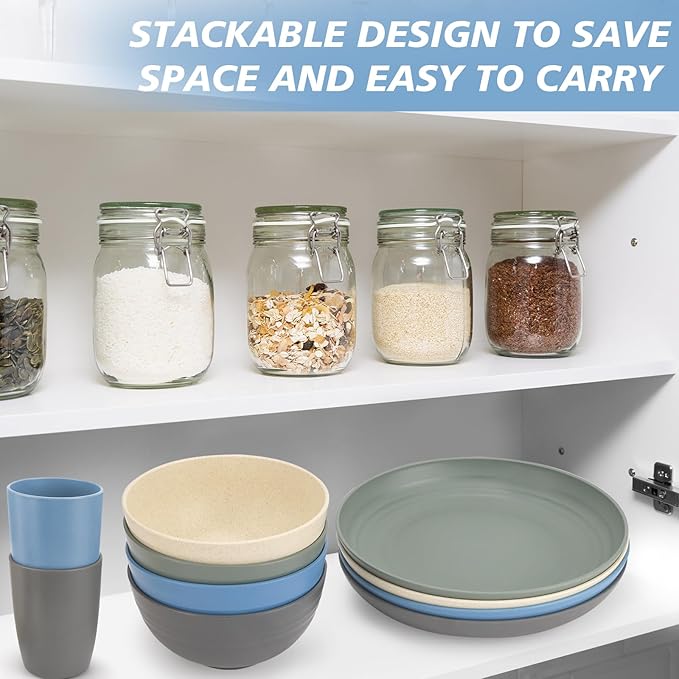Shopwithgreen Wheat Straw Dinnerware Sets for 4 20 PCS Unbreakable Plates and Bowls Sets Reusable Dinner Dishes Set Bowls Cups Plates for Camping Kitchen RV Dorm Dishwasher Microwave Safe