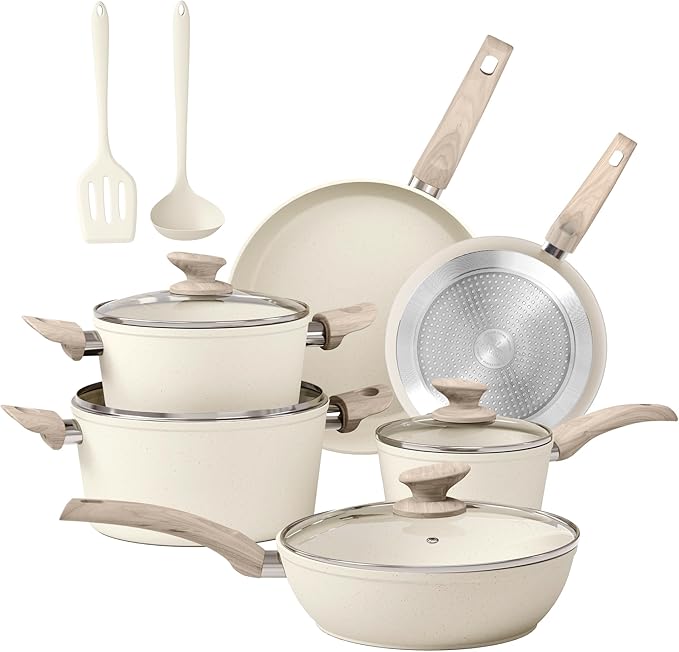 DisDelight Pots and Pans Set Non Stick Nonstick Induction Granite Kitchen Cookware Sets Induction Nonstick Granite Cooking Set Induction Cookware Cooking Pan Set Pan Sets for Cooking Cream White
