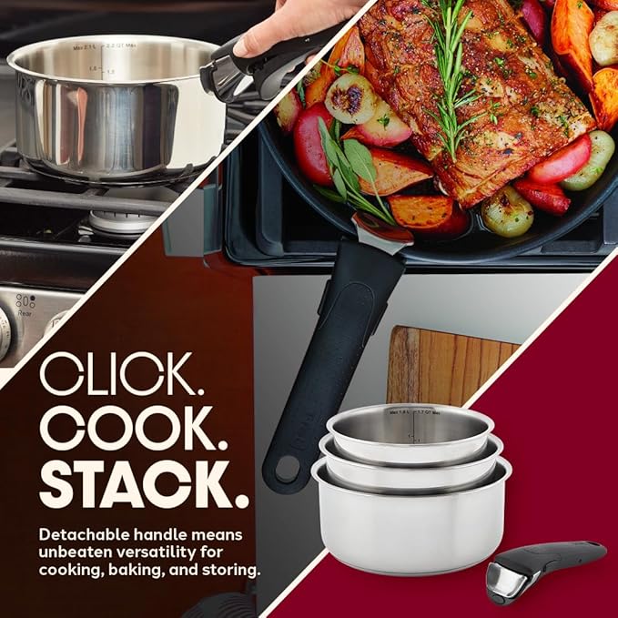 T-fal Ingenio Expertise Stainless Steel Cookware Set 4 Piece Induction Oven Safe Stackable Cookware Pots and Pans RV Camping Frying Pans Dishwasher Safe Detachable/Removable Handle Silver