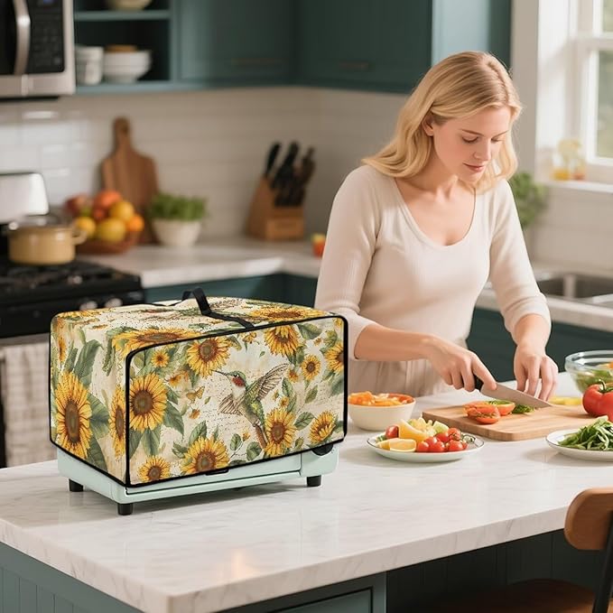 Dustproof Toaster Oven Cover Heat-Resistant Microwave Grill Cover Protector Faux Linen Polyester Dust Covers Case Protections for Toaster Oven Hummingbird Sunflower