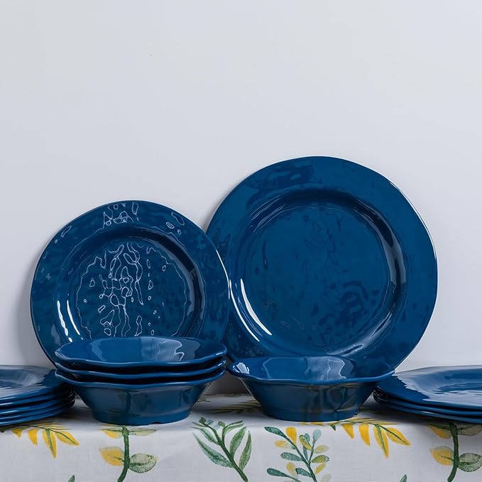 LEHAHA Blue 18-Piece Dinnerware Place Setting Melamine Dishes for Indoor and Outdoor Dining BPA Free Reusable Lightweight Dishwasher Safe Not Microwaveable