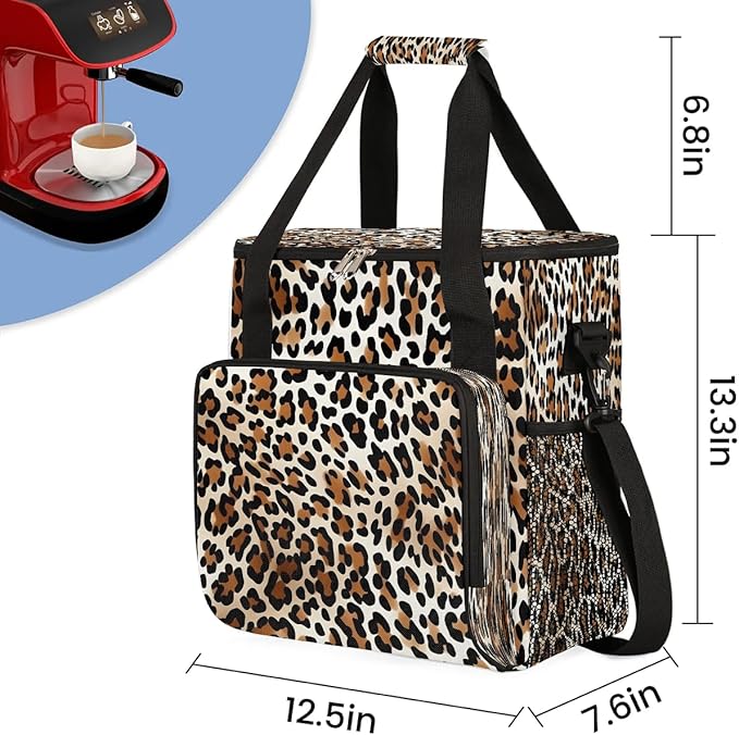 Classic Leopard Coffee Maker Carrying Bag Compatible with K-Mini or K-Mini Plus Portable Single Cup Coffee Maker Case with Pockets for K Cup Pods