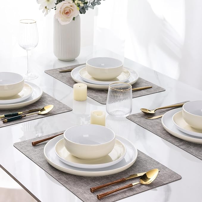 GBHOME 12 Pieces Ceramic Dinnerware Set Modern White Dish Set for 4Scratch Resistant Smooth Plates and Bowls SetsOven SafeMicrowave &amp Dishwasher