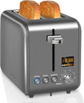 SEEDEEM Toaster 2 Slice Stainless Steel Bread Toaster LCD Display 7 Shade Setting 1.4'' Wide Slots Bagel/Defrost/Reheat Functions Removable Crumb Tray 900W Dark Metallic