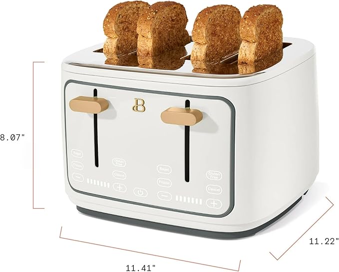 4 Slice Toaster with Touch Control Panel 1800W Fast Heating 7 Toast Shade Levels Extra Wide Slots for Bagels Removable Crumb Tray (White Icing)