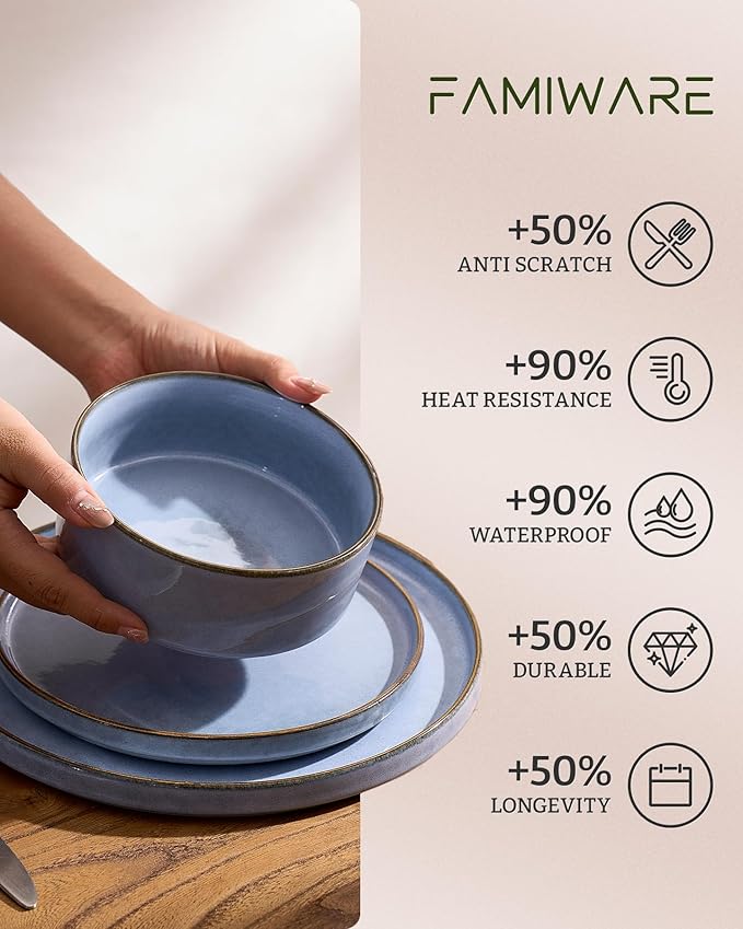 Famiware Annecy Plates and Bowls Sets 12 Pieces Dinnerware Sets Microwave and Dishwasher Safe Dishes Set for 4 Chip and Scratch Resistant Reactive Blue