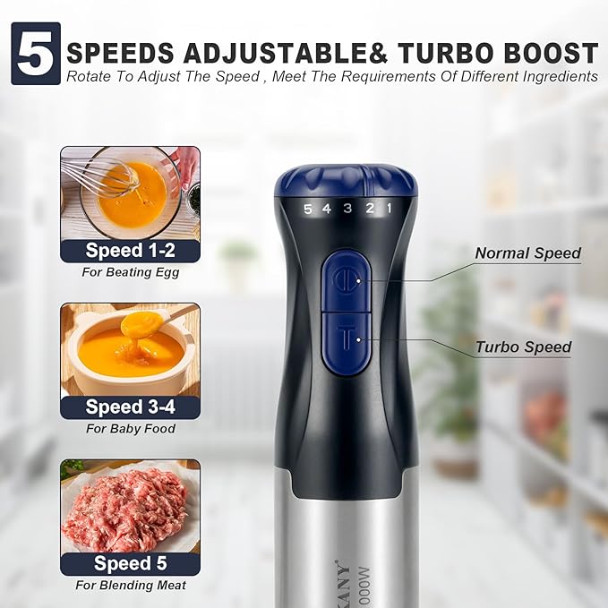 Immersion Blender 4 in 1 Hand Bender Max 1000W 5 Speeds &amp Turbo with Copper Motor Stainless Steel Blade Handheld Blender Stick Mixer with Egg Whisk 700ml Beaker &amp 500ml Chopper Bowl