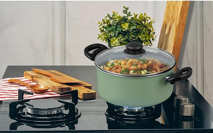 Black 7 Piece Non Stick Aluminum Pots and Pans Set Includes 1QT 2QT Saucepan 4QT Dutch Oven 8 Frying Pan with Lids Dishwasher Safe Cookware for Even Heat Cooking (Green Sage)