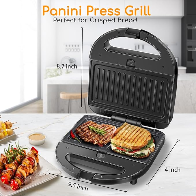 Aigostar Toaster 2 Slice Retro Toaster and 3 in 1 Sandwich Maker Panini Press Sandwich Waffle Tortilla Toaster Stainless Steel 1.6 inch Extra Wide Slots Bread Toaster Bagel Cancel Defrost Function
