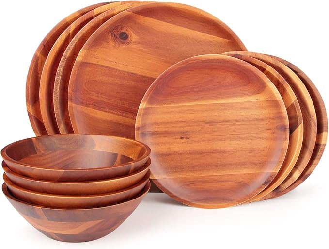 AIDEA Wood Dinnerware Set 12pcs Acacia Wood Tableware Set Dishes Set for 4