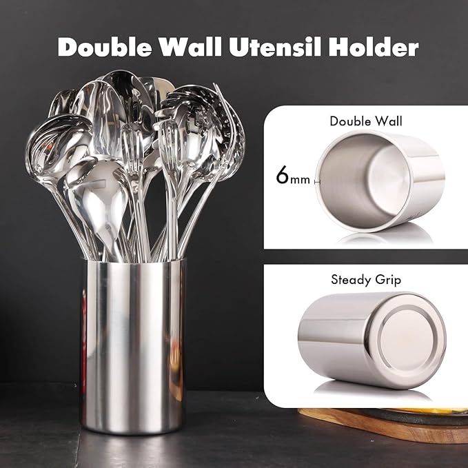 18/10 Stainless Steel Kitchen Utensils Set with Holder - 15″ Spatula Spoon Set with Storage Organizer for Countertop Fork Tongs Spatula Ladle Skimmer Turner Spaghetti Large Spoon Set of 12