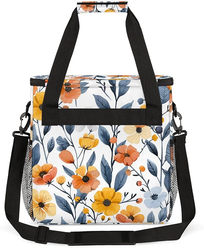 Flower Print Coffee Maker Carring Bag Large Insulated Storage Organizer Case Tote Bags with Shoulder Strap for Travel Work Picnic