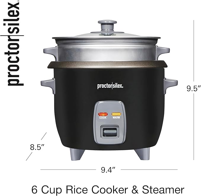 Proctor Silex Rice Cooker &amp Food Steamer 6 Cups Cooked (3 Cups Uncooked) Includes Steam and Rinsing Basket Black (37510)