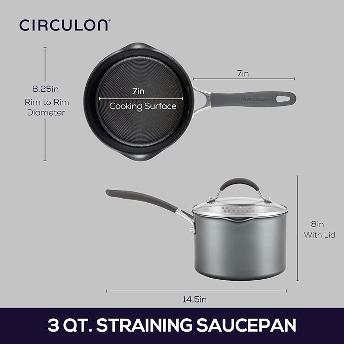 Circulon A1 Series with ScratchDefense Technology Nonstick Induction Straining Sauce Pan with Lid 3 Quart Aluminum Graphite